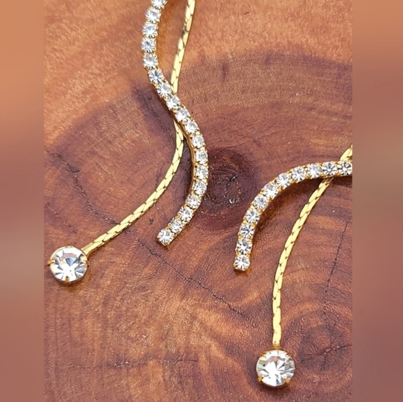 Goldtone Double Strand with Rhinestone Swirl Rhinestone Stud Dangle Earrings - Picture 2 of 5